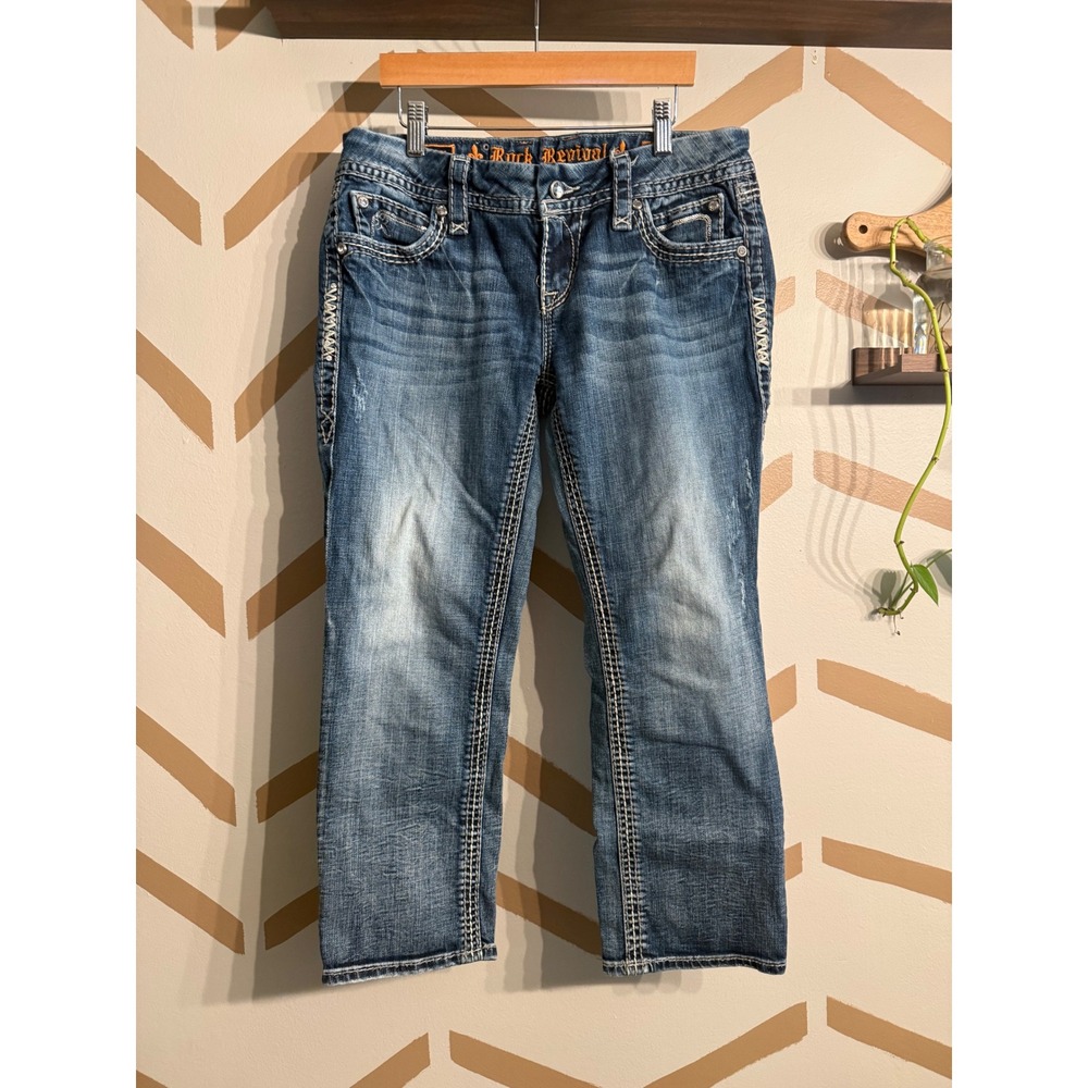 Rock Revival Capri Jeans Womens 29 Blue Distressed Sequin Fleur De Lis Easy Crop